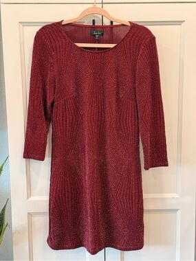 Trixxi Wine Red Metallic Knit Long Sleeve Dress